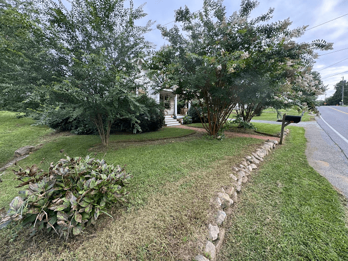 Residential front yard landscaping with mature trees and decorative stone edging