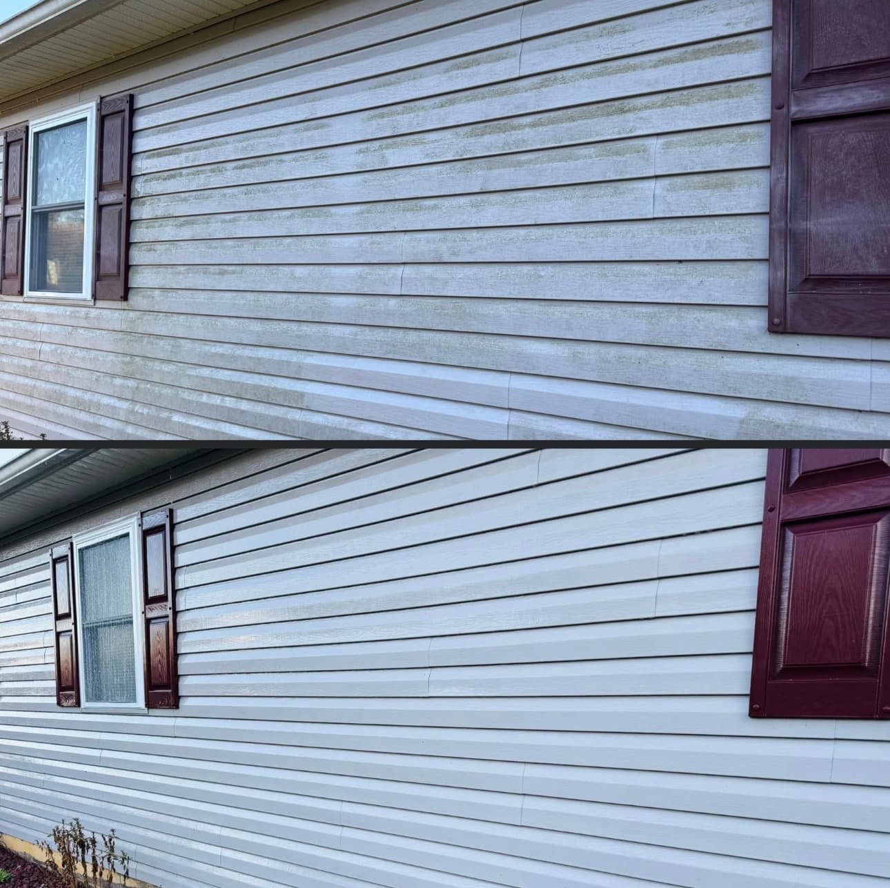 Before and after comparison of house siding power washing showing dramatic transformation from dirty to clean