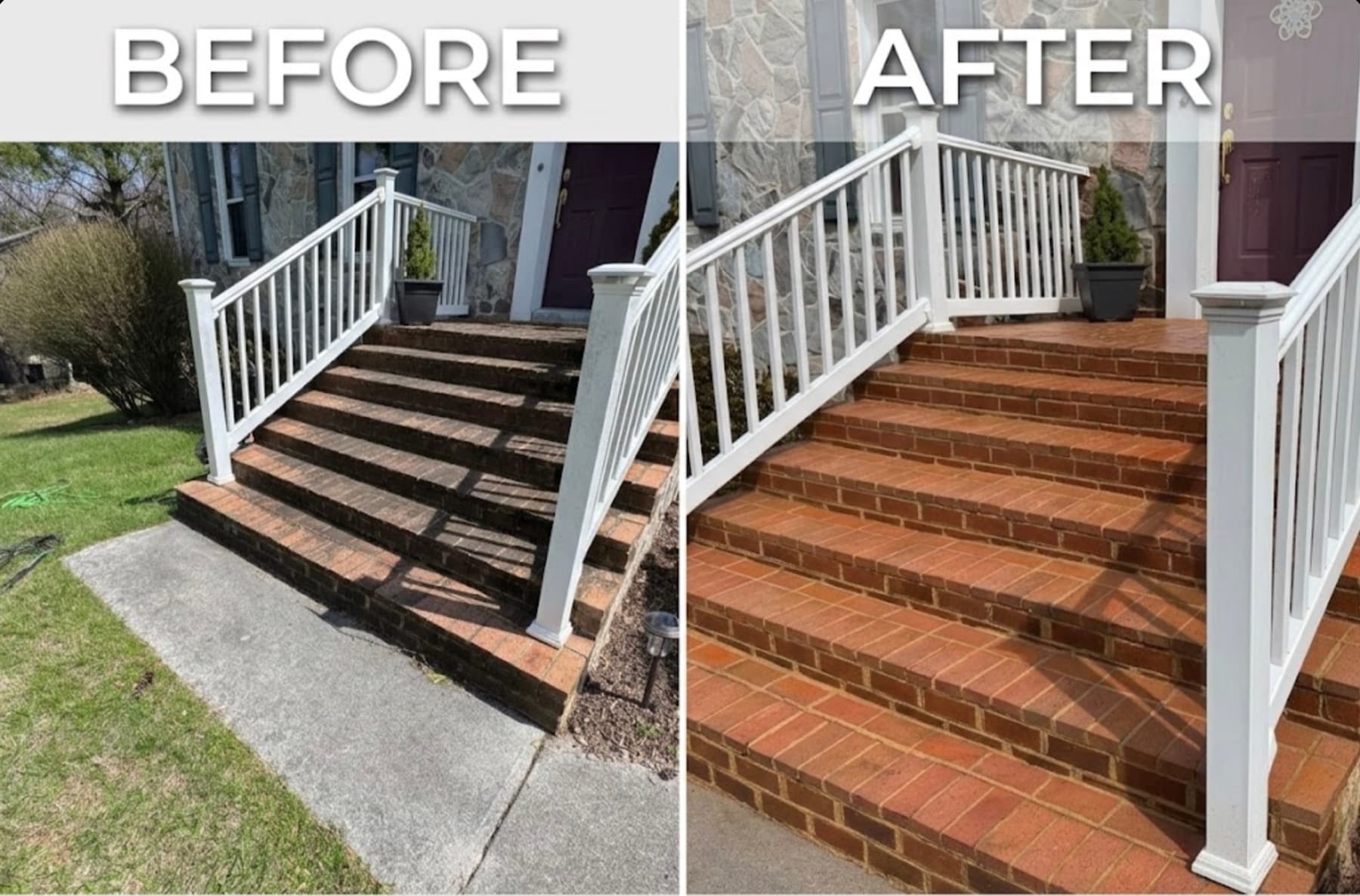 Before and after comparison of pressure-washed brick front steps and entry walkway
