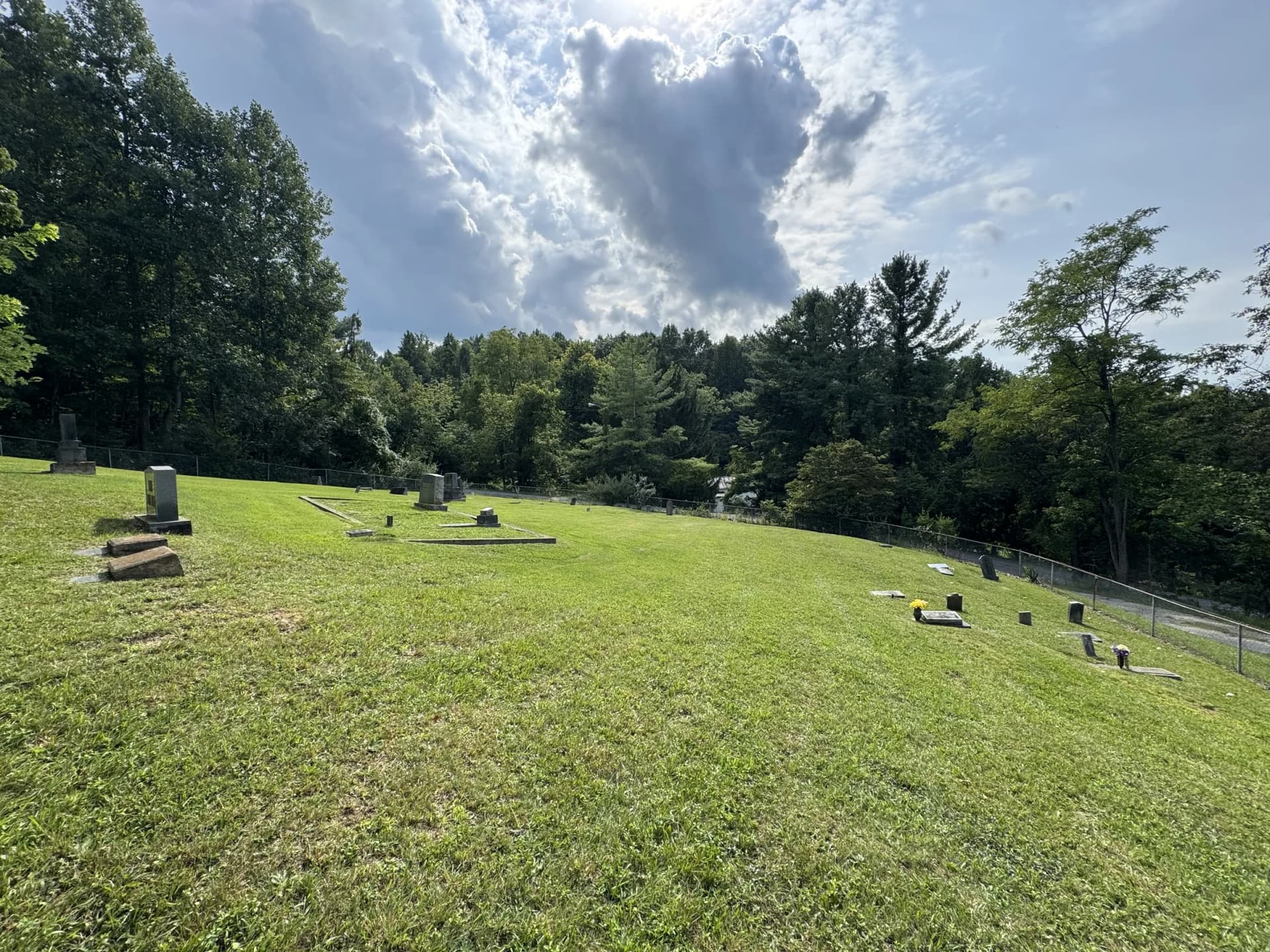 Mowed cemetery lawn with scattered headstones, bordered by trees beneath a partly cloudy sky.