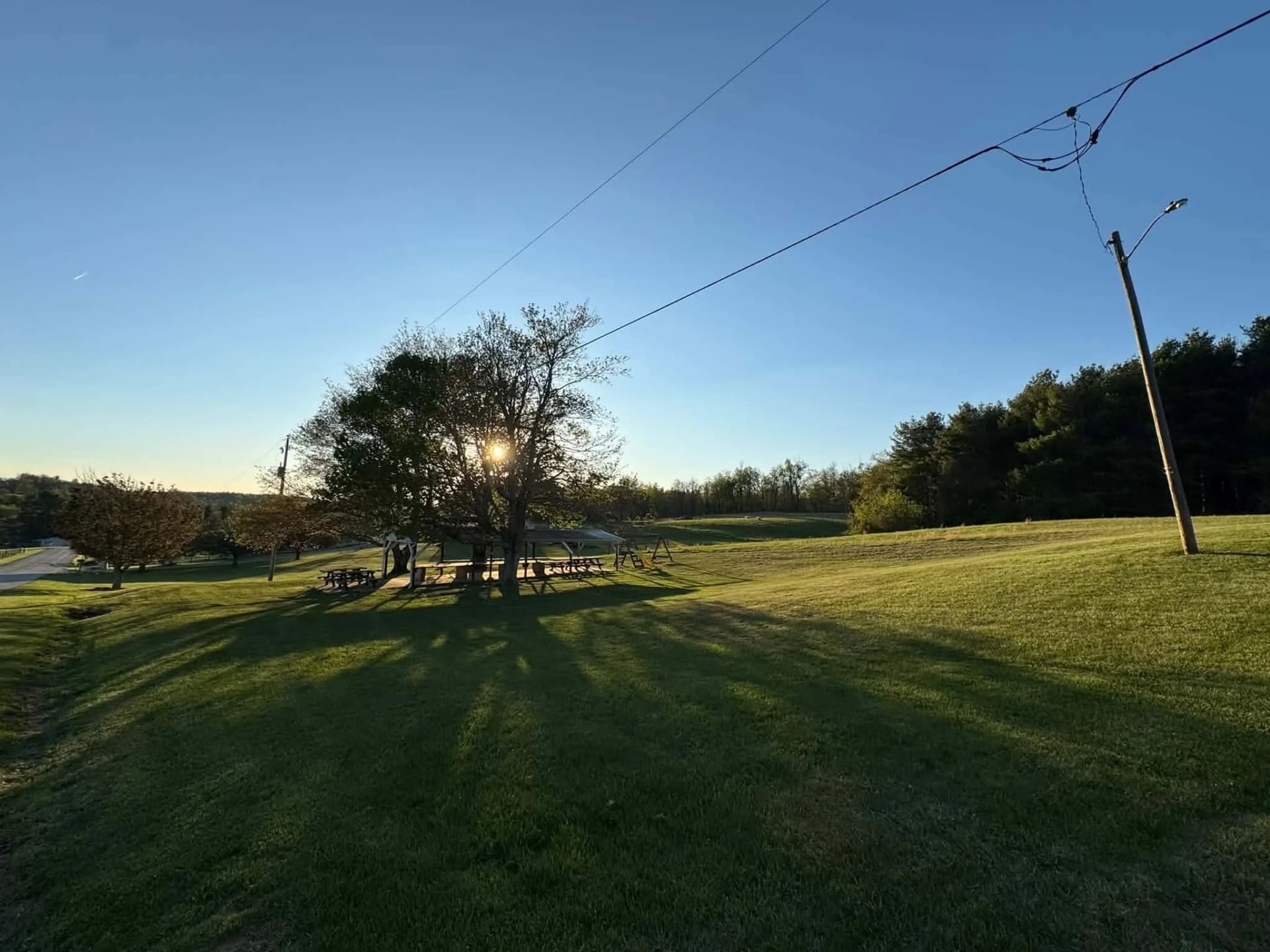Freshly mowed church lawn with mature trees casting long shadows in the evening sun.