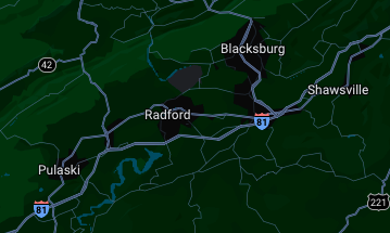 Service area map showing Blacksburg, Radford, Pulaski and surrounding New River Valley communities